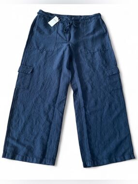 J. Jill Navy Wide-Leg Linen Blend Cargo Pants.